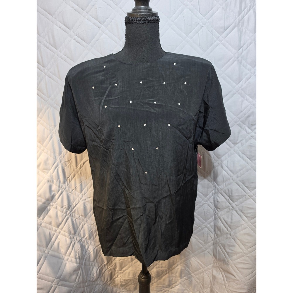 Saint Germain Paris Vintage Black Rhinestone Blouse Short Sleeve Small SH63511